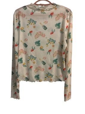 Main Strip Sheer White Top with Pastel Fruit & Floral Print Large